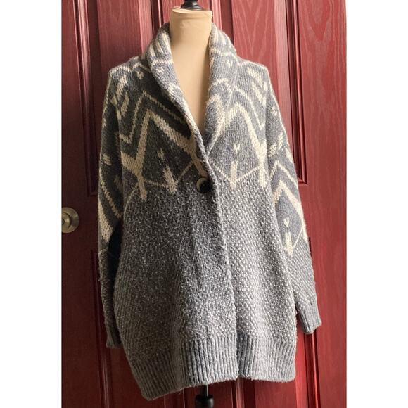 Repeat Luxury Norweigan Intarsia Cardigan Women 38 / S Gray Lagenlook Geometric - Picture 1 of 11